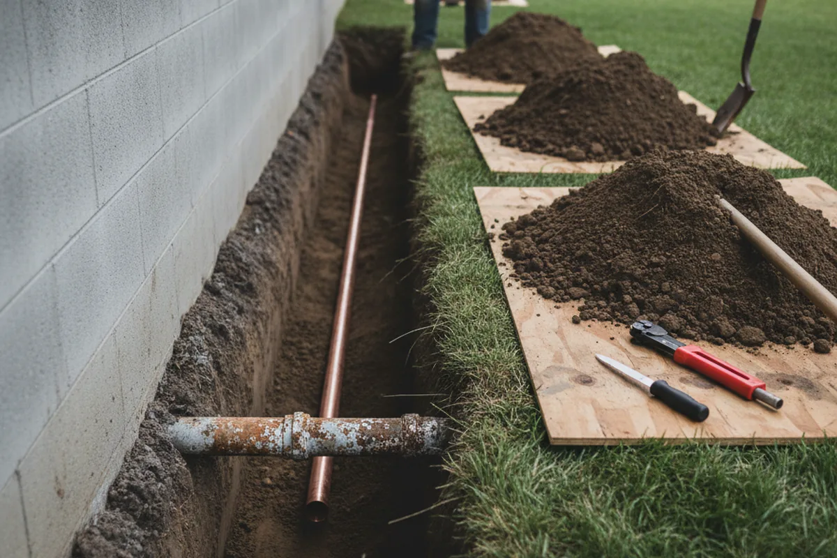 Excavated water line trench during Water Softener Installation in Taylor